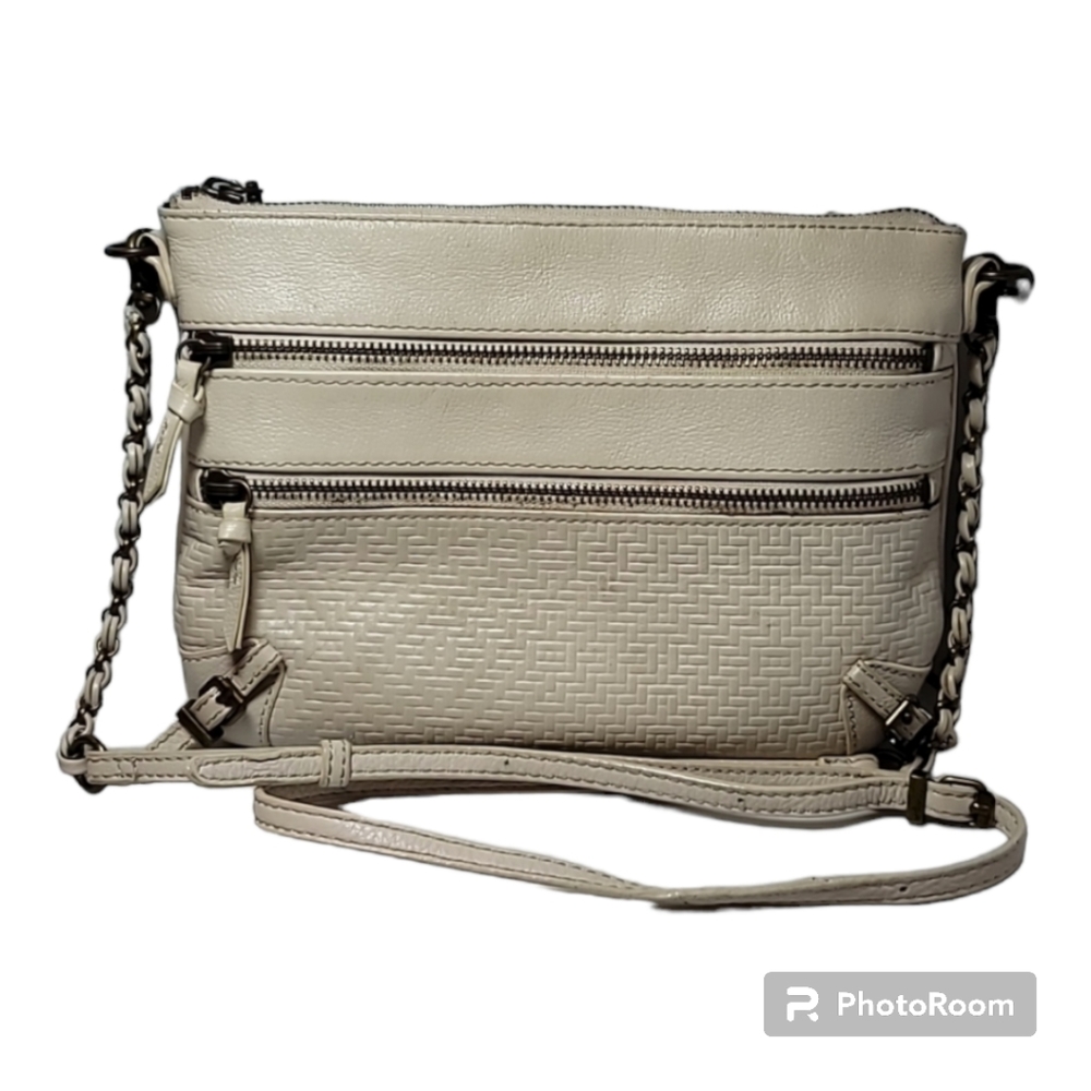 Elliot Lucca almond purse metal zippers removable long shoulder strap